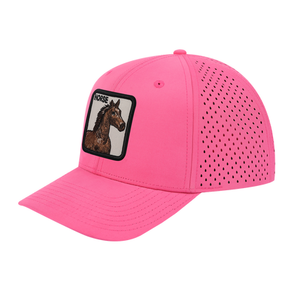 Horse 6-Panel Microfiber Laser Hole Trucker Hat with Pink front and Pink back