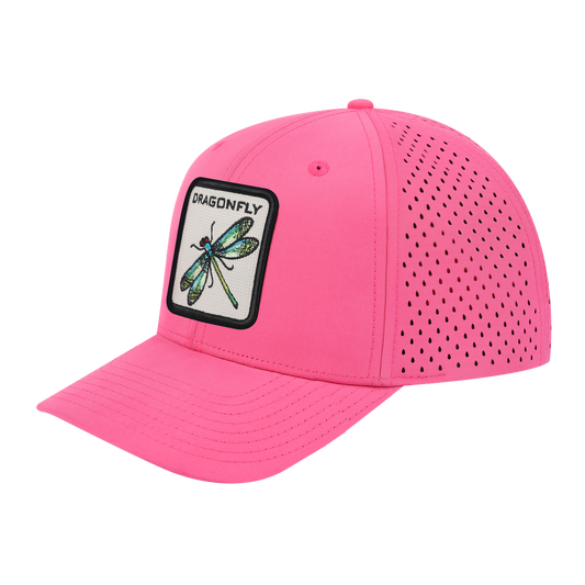 Dragonfly 6-Panel Microfiber Laser Hole Trucker Hat with Pink front and Pink back