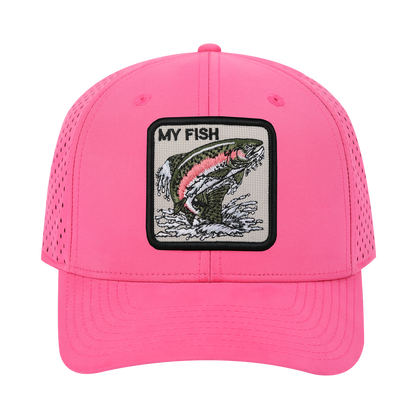 My Fish 6-Panel Microfiber Laser Hole Trucker Hat with Pink front and Pink back