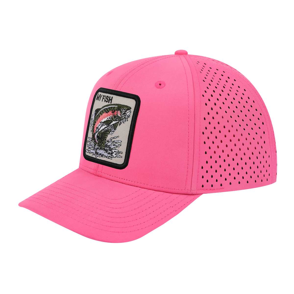 My Fish 6-Panel Microfiber Laser Hole Trucker Hat with Pink front and Pink back