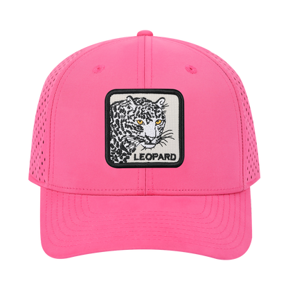 Leopard 6-Panel Microfiber Laser Hole Trucker Hat with Pink front and Pink back