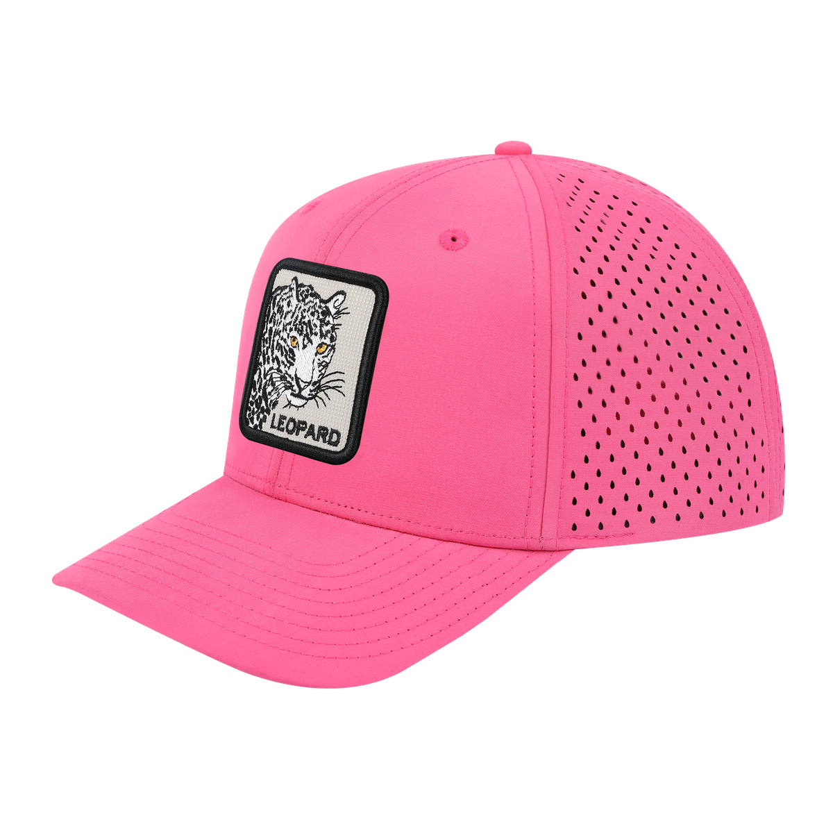 Leopard 6-Panel Microfiber Laser Hole Trucker Hat with Pink front and Pink back