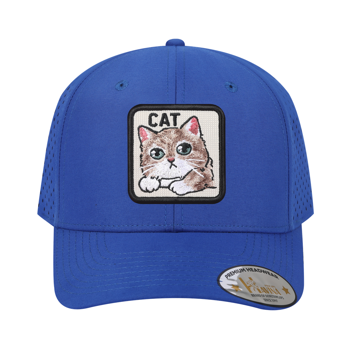 Cat 6-Panel Microfiber Laser Hole Trucker Hat with Royal Blue front and Royal Blue back