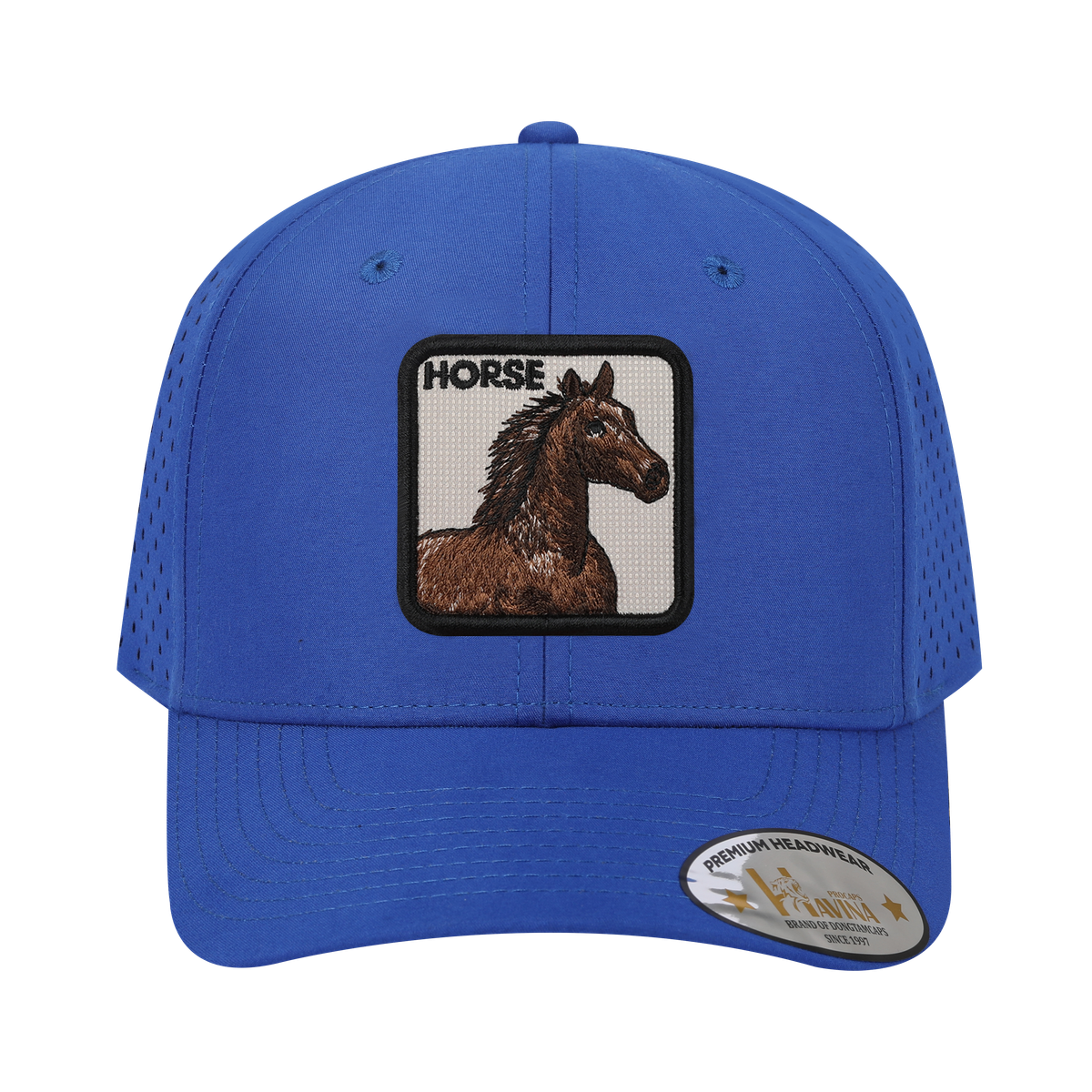 Horse 6-Panel Microfiber Laser Hole Trucker Hat with Royal Blue front and Royal Blue back