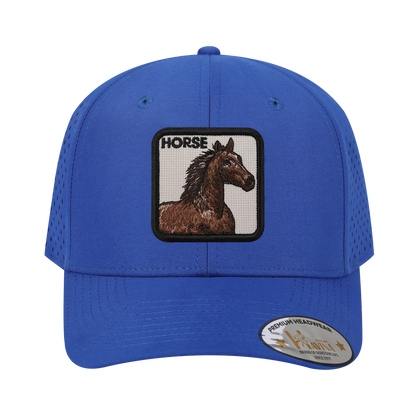 Horse 6-Panel Microfiber Laser Hole Trucker Hat with Royal Blue front and Royal Blue back