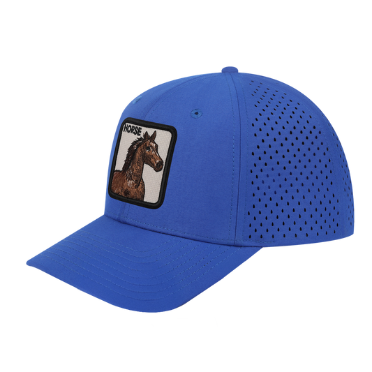 Horse 6-Panel Microfiber Laser Hole Trucker Hat with Royal Blue front and Royal Blue back