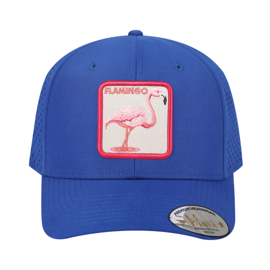 Embroidered The Flamingo - 6 Panel Microfiber Laser hole Trucker Hat - Royal Blue/Royal Blue
