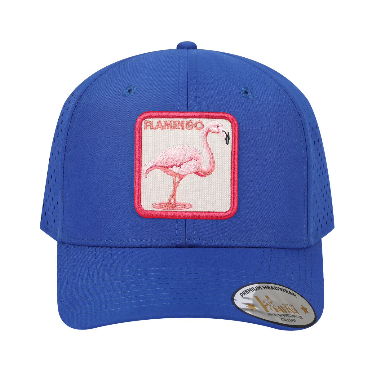 Flamingo 6-Panel Microfiber Laser Hole Trucker Hat with Royal Blue front and Royal Blue back