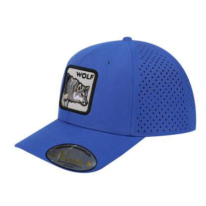 Wolf 6-Panel Microfiber Laser Hole Trucker Hat with Royal Blue front and Royal Blue back