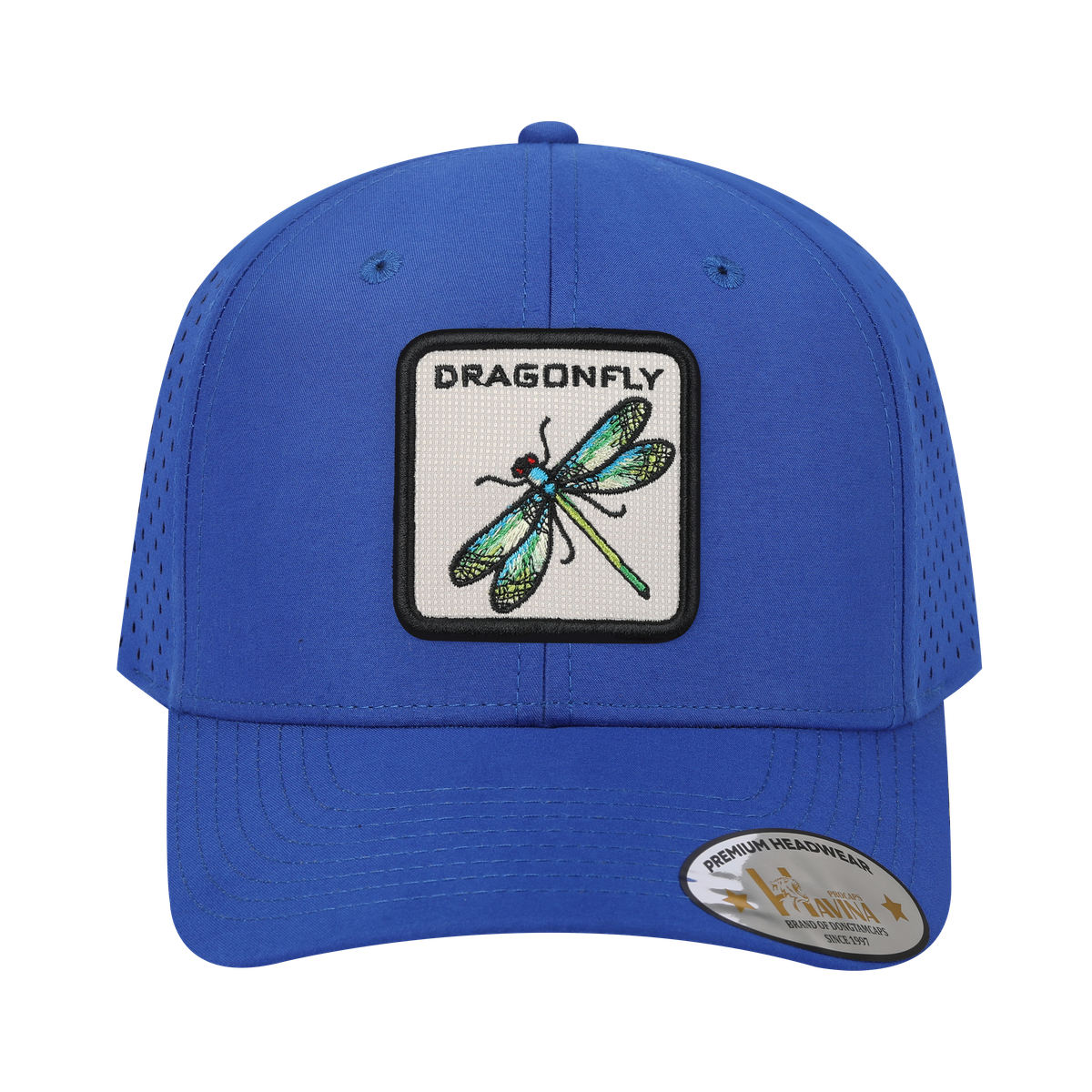Dragonfly 6-Panel Microfiber Laser Hole Trucker Hat with Royal Blue front and Royal Blue back