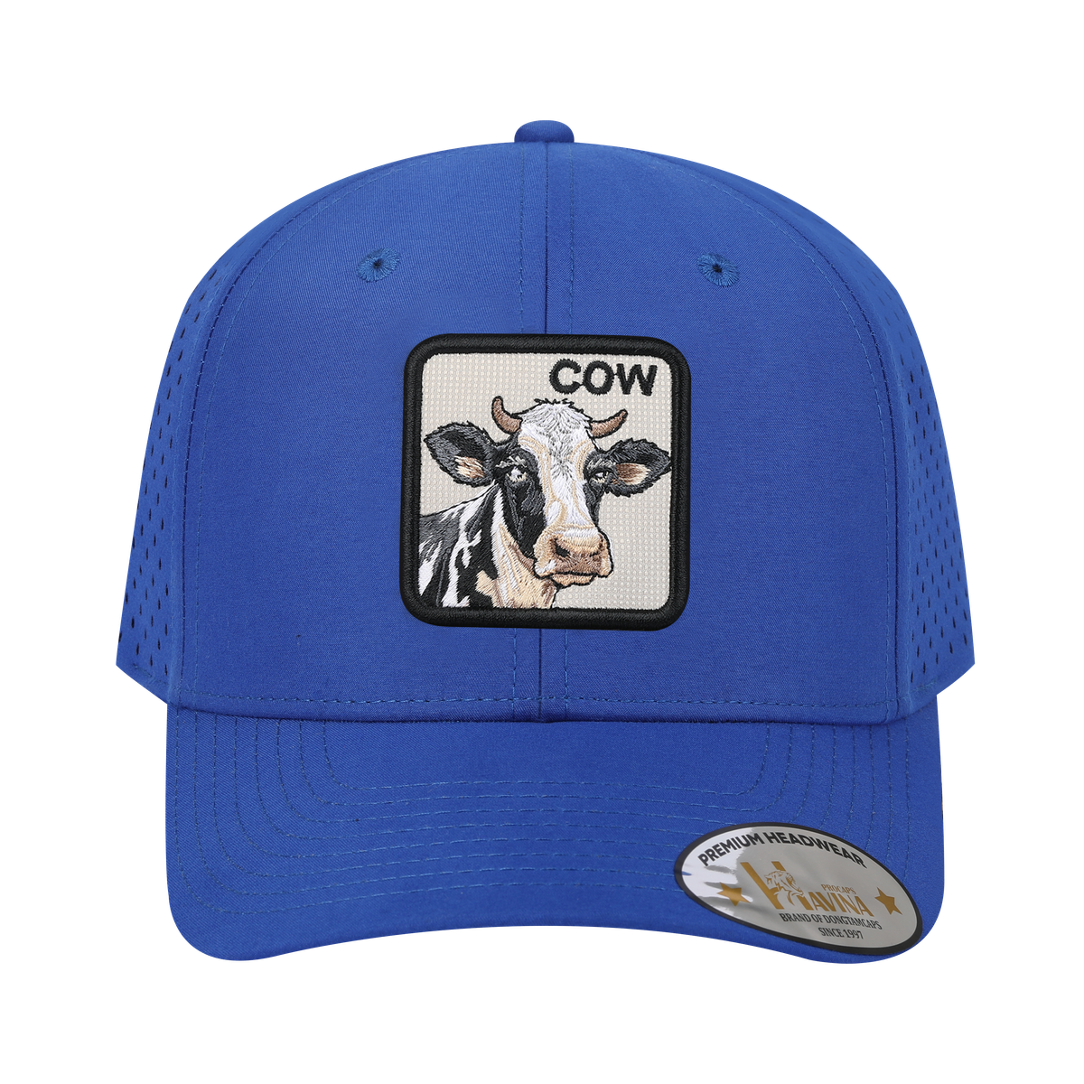 Cow 6-Panel Microfiber Laser Hole Trucker Hat with Royal Blue front and Royal Blue back