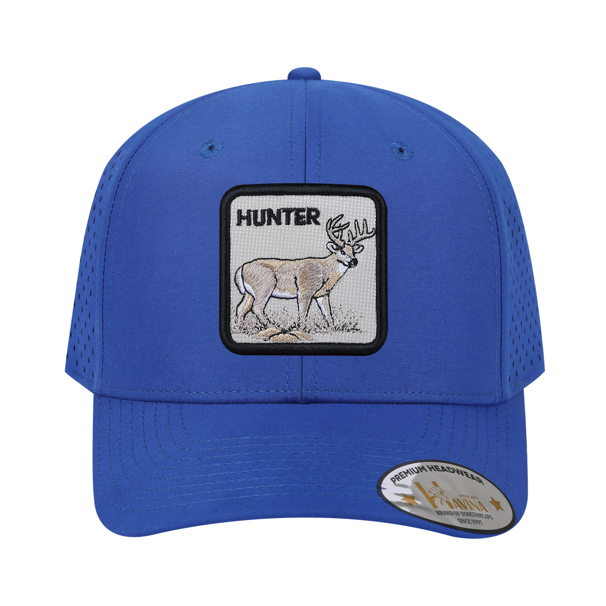 Embroidered The Hunter - 6 Panel Microfiber Laser hole Trucker Hat - Royal Blue/Royal Blue