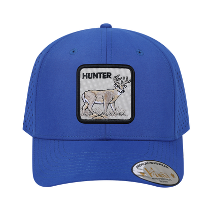 Embroidered The Hunter - 6 Panel Microfiber Laser hole Trucker Hat - Royal Blue/Royal Blue