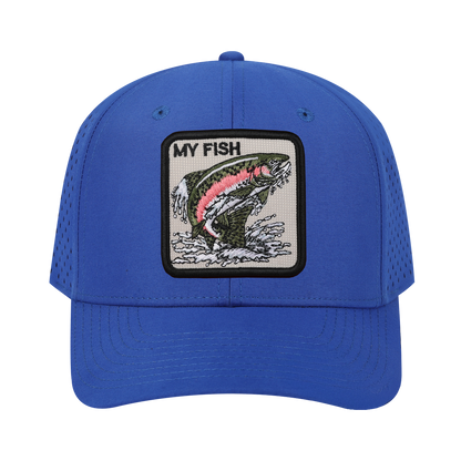 My Fish 6-Panel Microfiber Laser Hole Trucker Hat with Royal Blue front and Royal Blue back