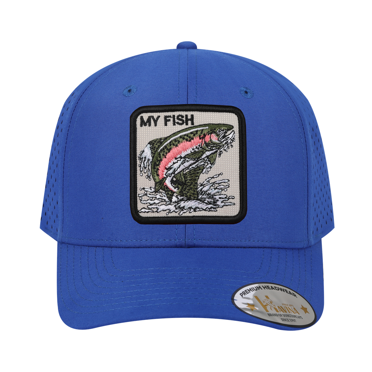My Fish 6-Panel Microfiber Laser Hole Trucker Hat with Royal Blue front and Royal Blue back