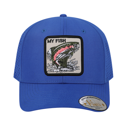 My Fish 6-Panel Microfiber Laser Hole Trucker Hat with Royal Blue front and Royal Blue back