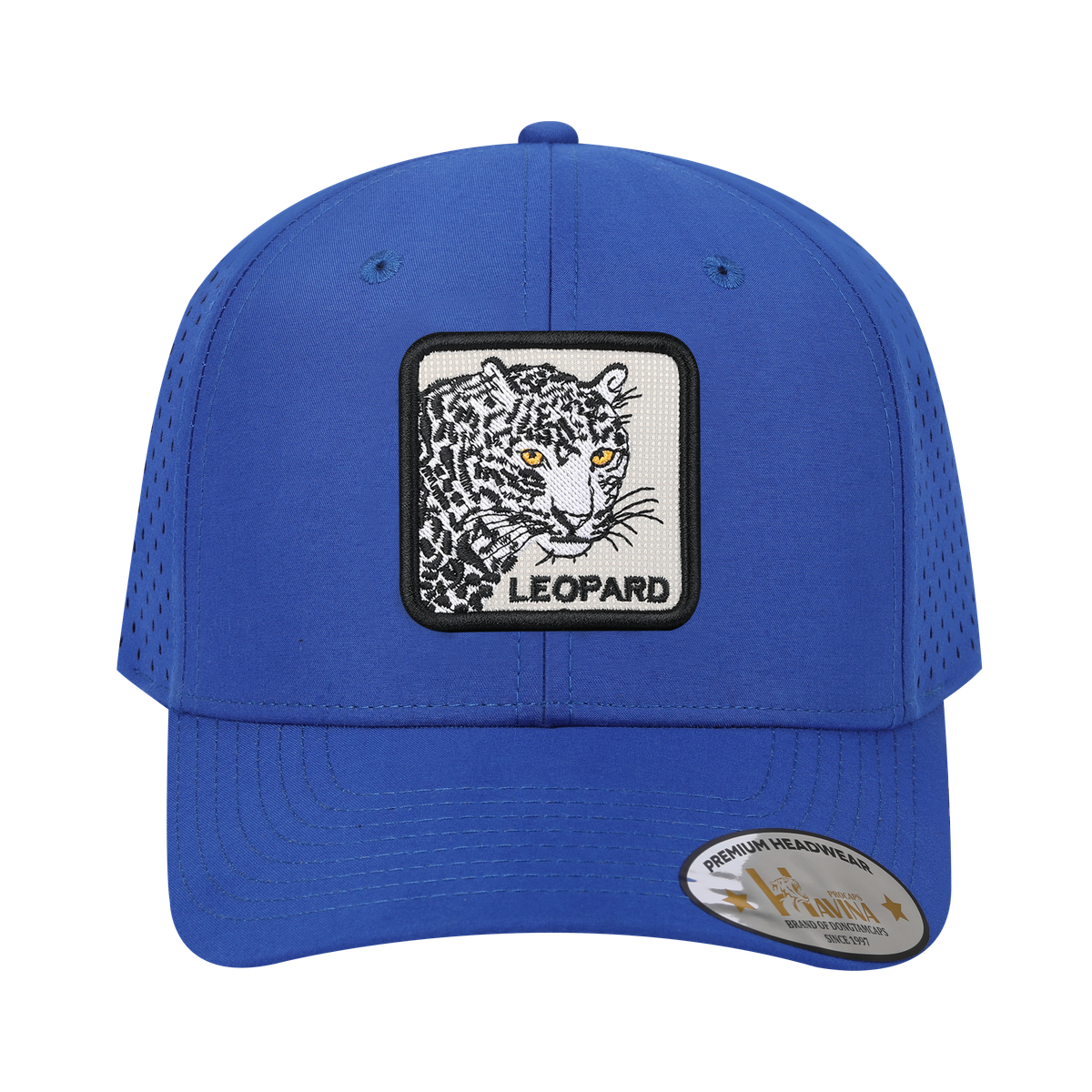 Leopard 6-Panel Microfiber Laser Hole Trucker Hat with Royal Blue front and Royal Blue back