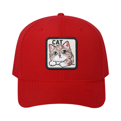 Cat 6-Panel Microfiber Laser Hole Trucker Hat with Red front and Red back