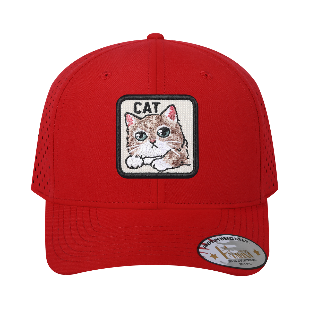 Cat 6-Panel Microfiber Laser Hole Trucker Hat with Red front and Red back