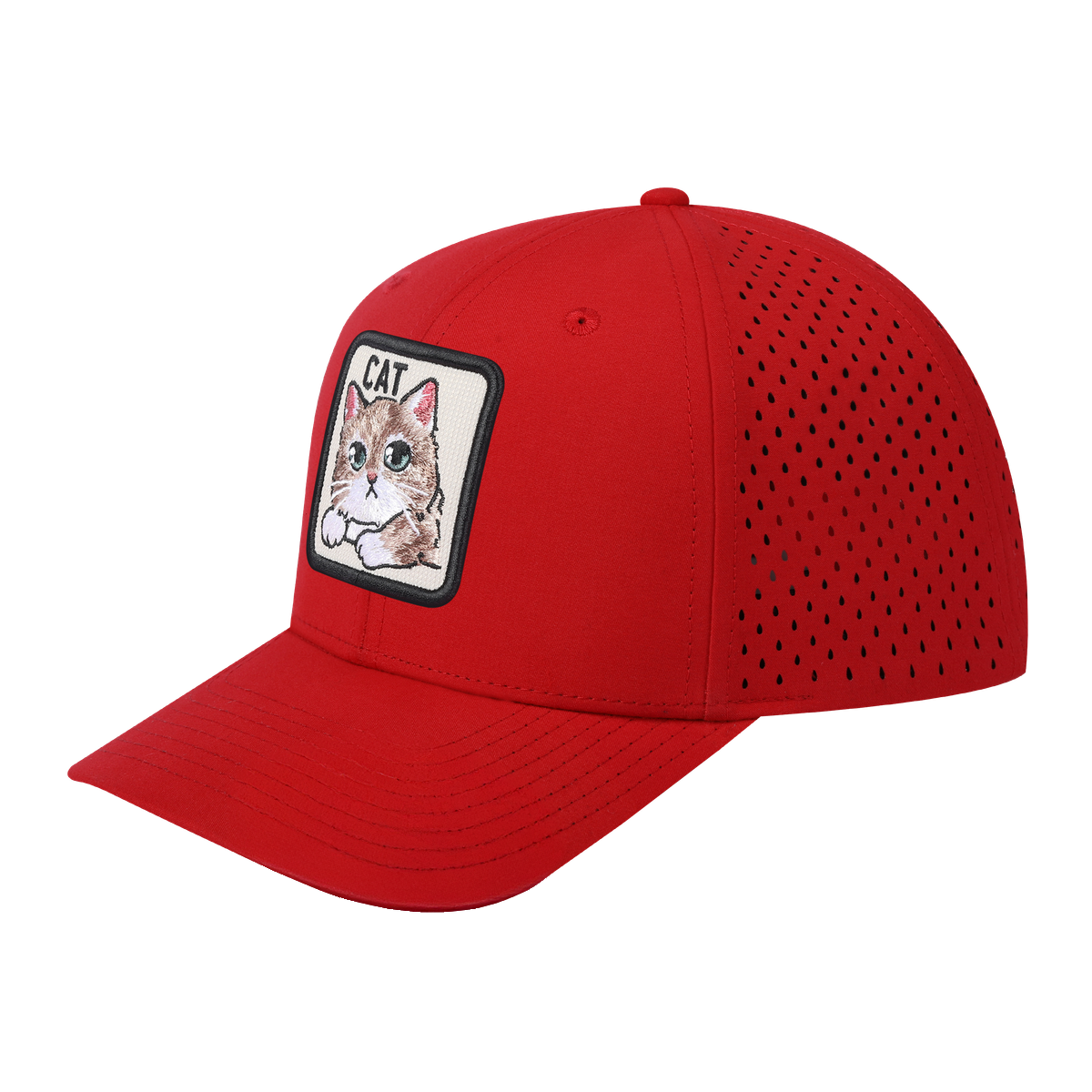 Cat 6-Panel Microfiber Laser Hole Trucker Hat with Red front and Red back