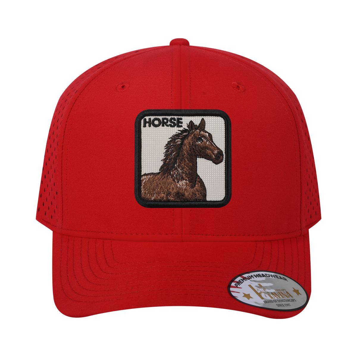 Horse 6-Panel Microfiber Laser Hole Trucker Hat with Red front and Red back
