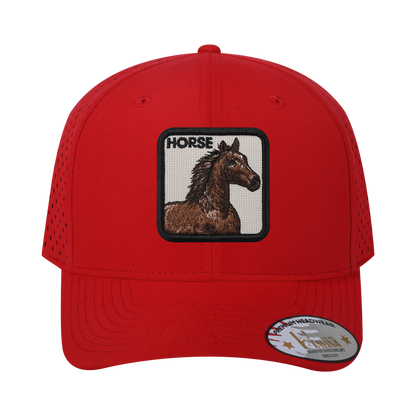 Horse 6-Panel Microfiber Laser Hole Trucker Hat with Red front and Red back