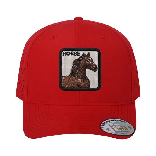 Embroidered The Horse - 6 Panel Microfiber Laser hole Trucker Hat - Red/Red