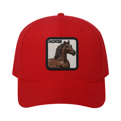 Horse 6-Panel Microfiber Laser Hole Trucker Hat with Red front and Red back