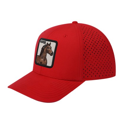 Horse 6-Panel Microfiber Laser Hole Trucker Hat with Red front and Red back