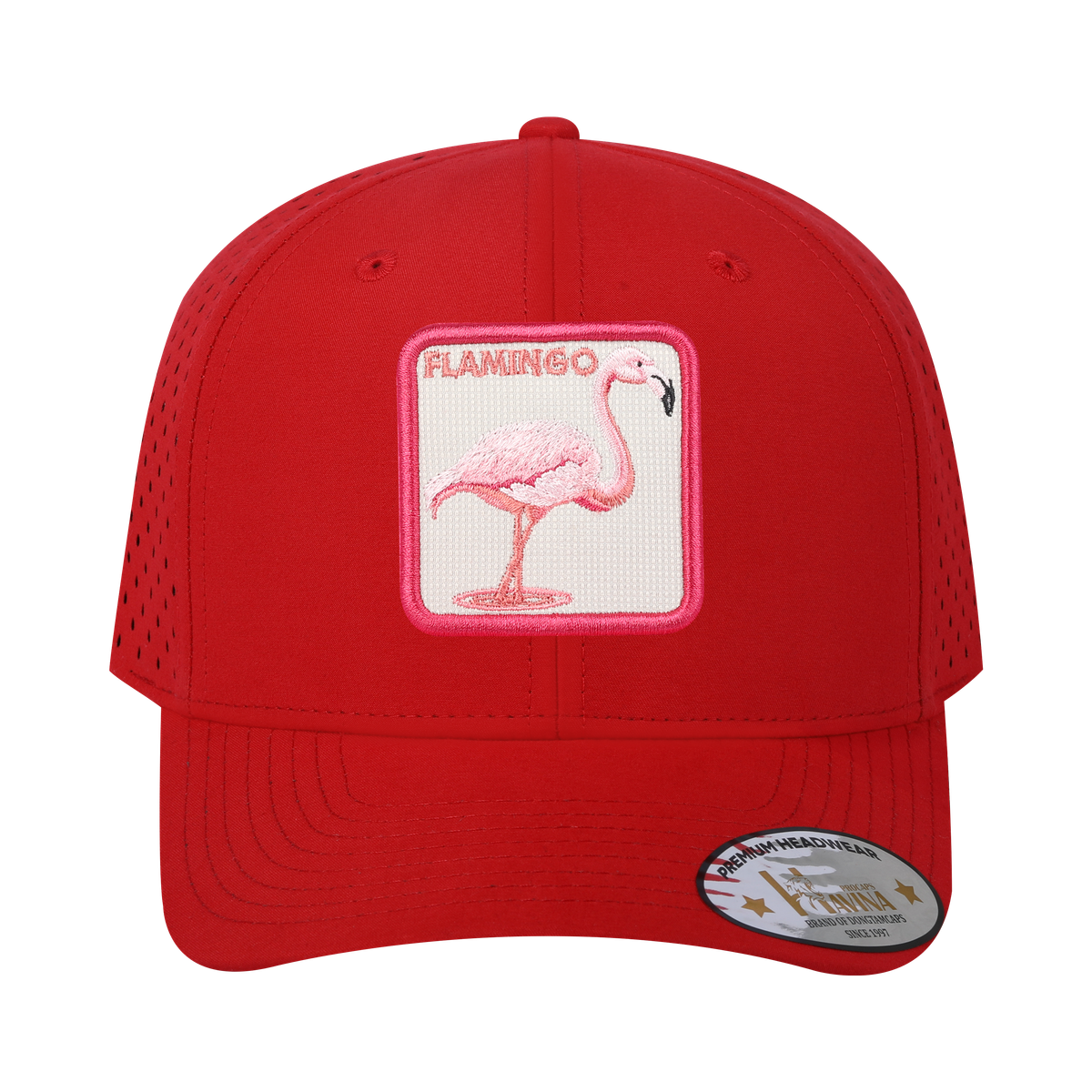 Flamingo 6-Panel Microfiber Laser Hole Trucker Hat with Red front and Red back