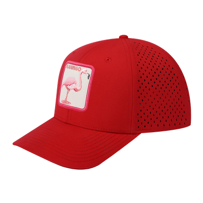 Flamingo 6-Panel Microfiber Laser Hole Trucker Hat with Red front and Red back
