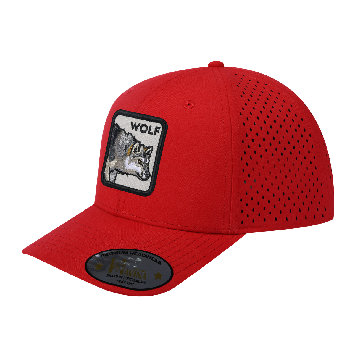 Embroidered The Wolf - 6 Panel Microfiber Laser hole Trucker Hat - Red/Red