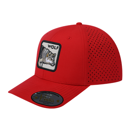 Embroidered The Wolf - 6 Panel Microfiber Laser hole Trucker Hat - Red/Red