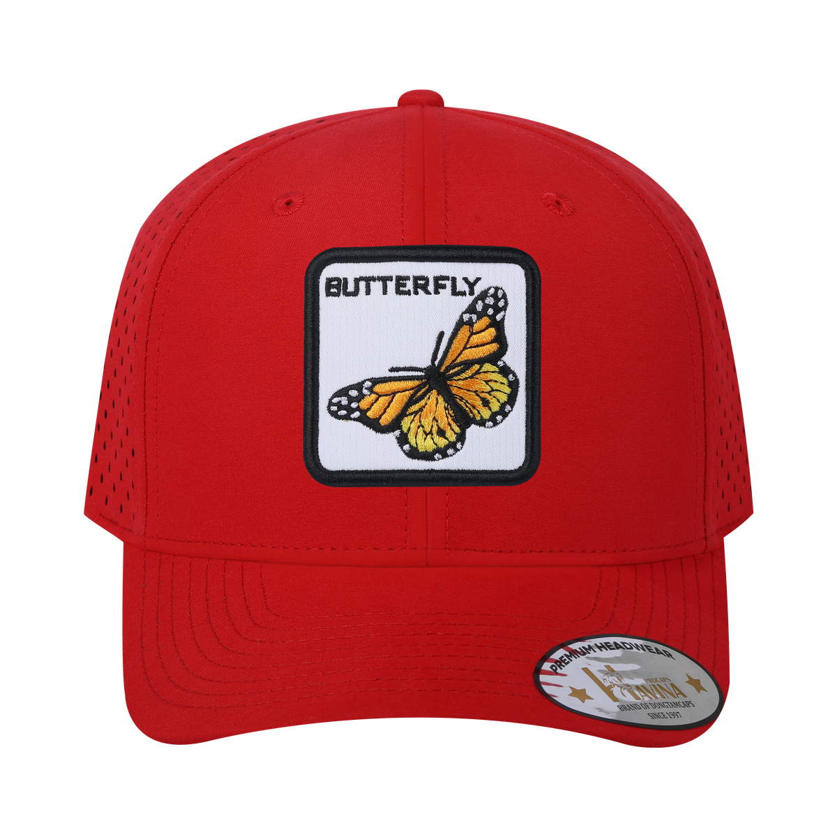 Butterfly 6-Panel Microfiber Laser Hole Trucker Hat with Red front and Red back