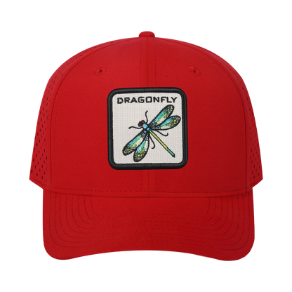 Dragonfly 6-Panel Microfiber Laser Hole Trucker Hat with Red front and Red back
