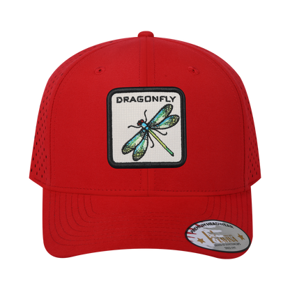 Dragonfly 6-Panel Microfiber Laser Hole Trucker Hat with Red front and Red back