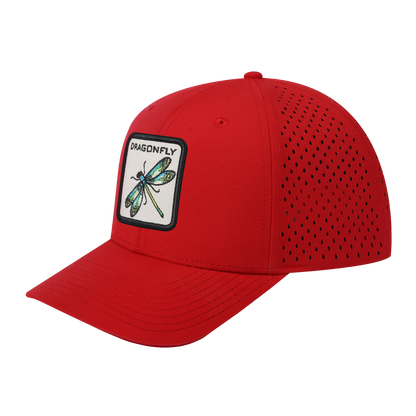 Dragonfly 6-Panel Microfiber Laser Hole Trucker Hat with Red front and Red back