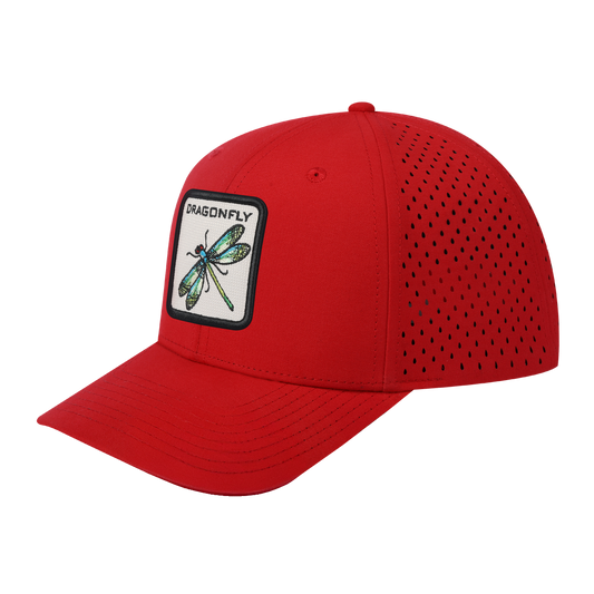 Dragonfly 6-Panel Microfiber Laser Hole Trucker Hat with Red front and Red back