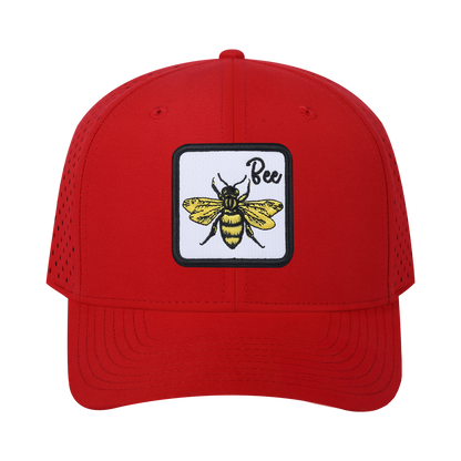 Bee 6-Panel Microfiber Laser Hole Trucker Hat with Red front and Red back