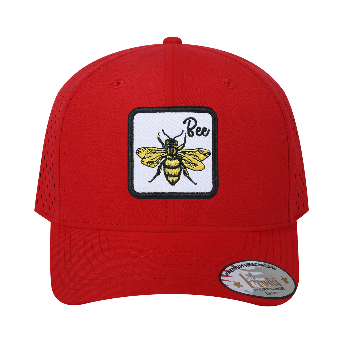 Bee 6-Panel Microfiber Laser Hole Trucker Hat with Red front and Red back