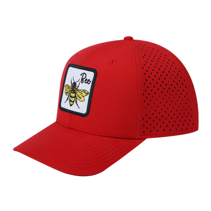 Bee 6-Panel Microfiber Laser Hole Trucker Hat with Red front and Red back