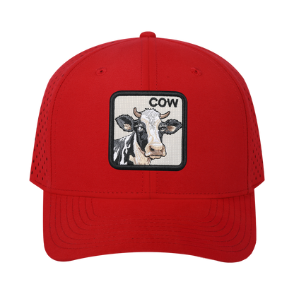 Cow 6-Panel Microfiber Laser Hole Trucker Hat with Red front and Red back