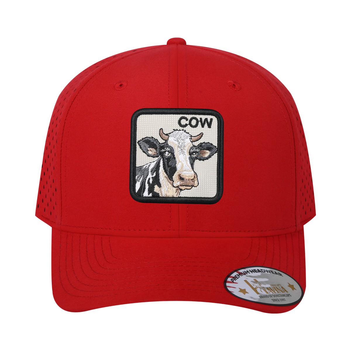 Cow 6-Panel Microfiber Laser Hole Trucker Hat with Red front and Red back