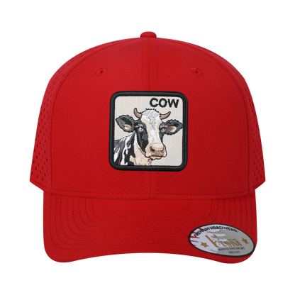 Cow 6-Panel Microfiber Laser Hole Trucker Hat with Red front and Red back