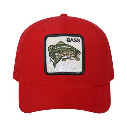 Bass 6-Panel Microfiber Laser Hole Trucker Hat with Red front and Red back