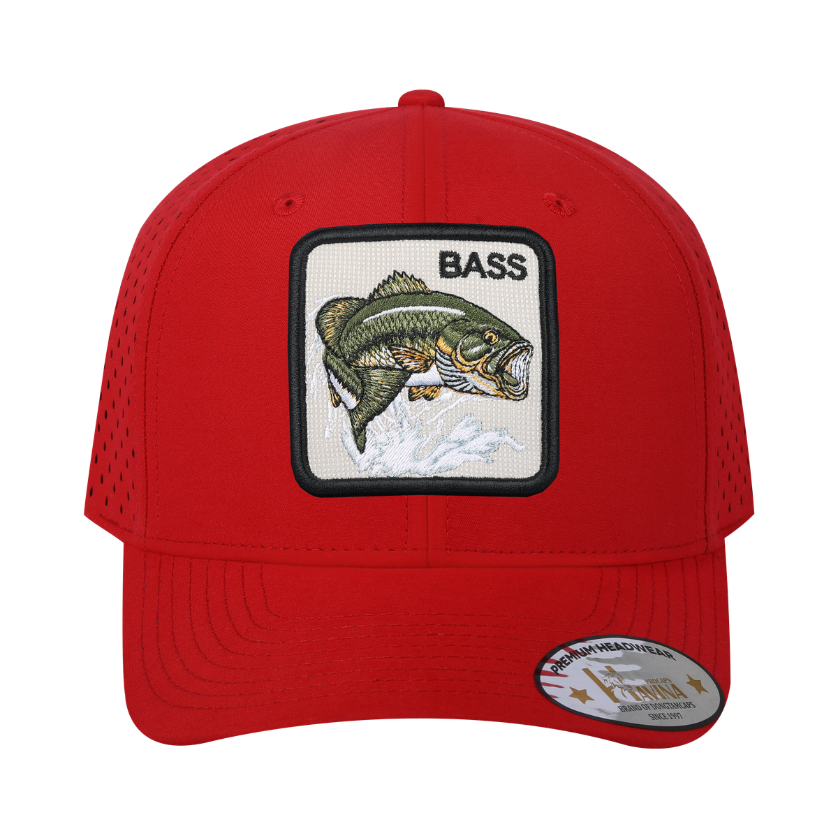 Bass 6-Panel Microfiber Laser Hole Trucker Hat with Red front and Red back