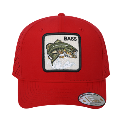Bass 6-Panel Microfiber Laser Hole Trucker Hat with Red front and Red back