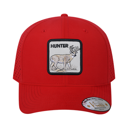Embroidered The Hunter - 6 Panel Microfiber Laser hole Trucker Hat - Red/Red