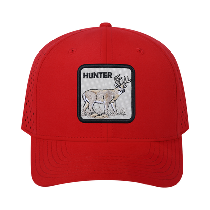 Hunter 6-Panel Microfiber Laser Hole Trucker Hat with Red front and Red back
