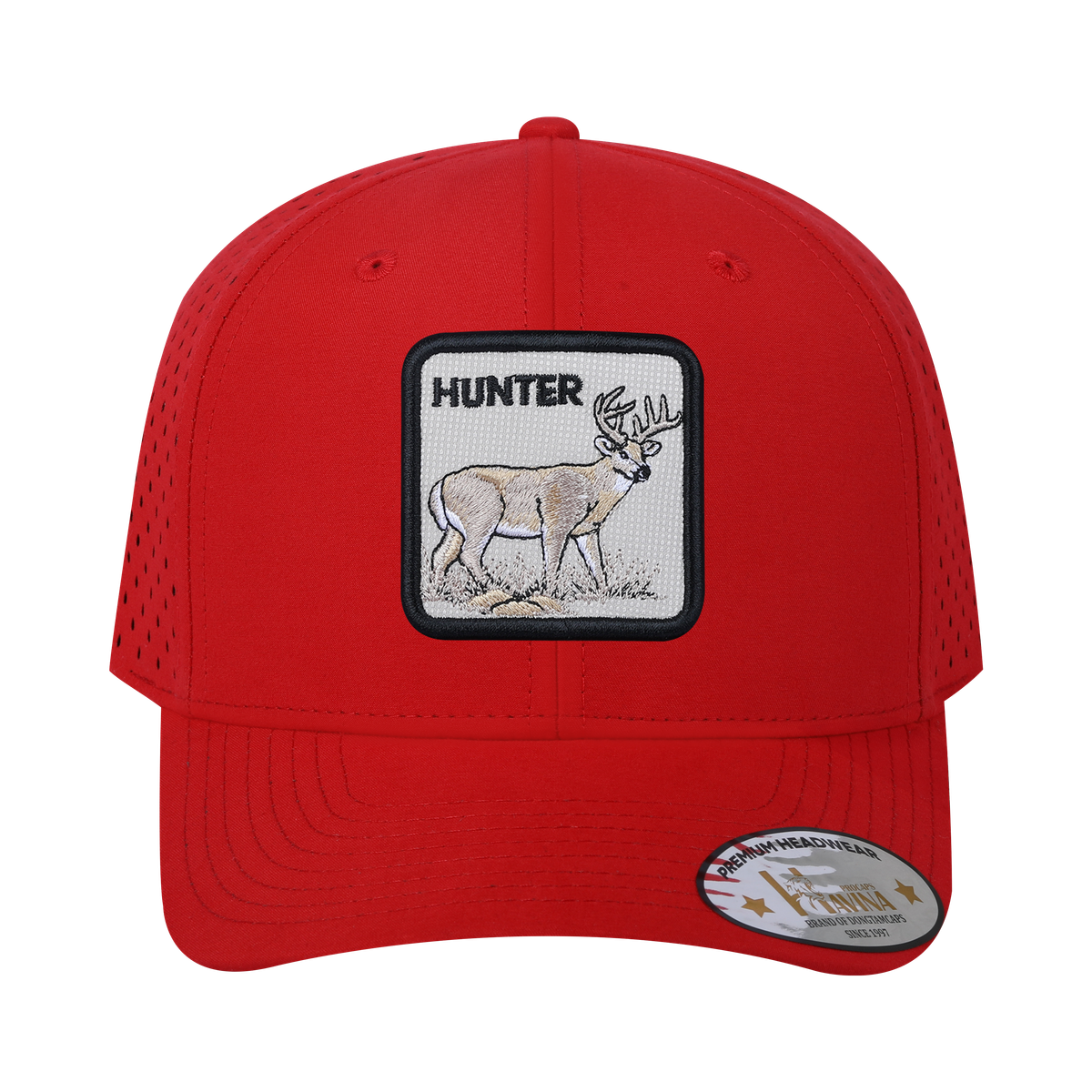 Hunter 6-Panel Microfiber Laser Hole Trucker Hat with Red front and Red back